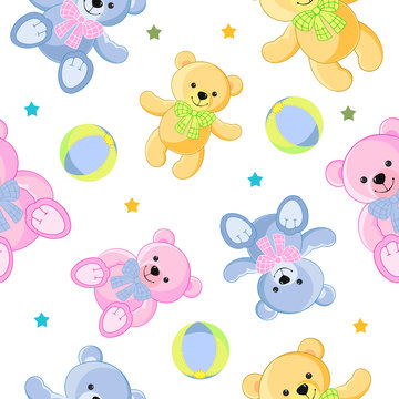 Bear, toy. Colorful collection of teddy bears for girls and boys. It can be used for baby textile, wrapping paper and children's room decoration.