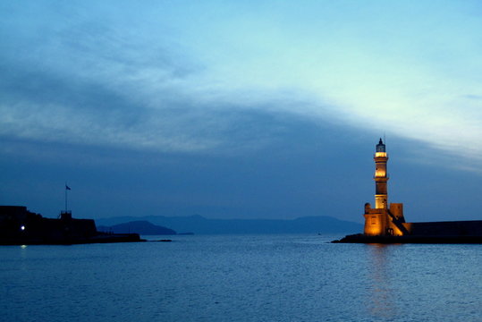 Lighthouse at dusk in Chania, Crete, Greece