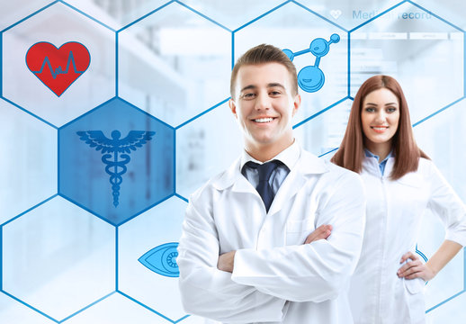 Two doctors and medicine icons on background. Medical technology concept