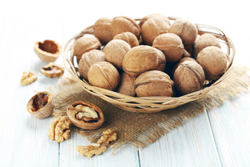 Walnuts on a blue wooden table