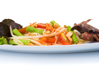 thai food, papaya salad on the white dish