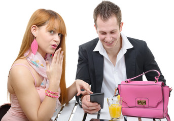 happy couple with mobile phones