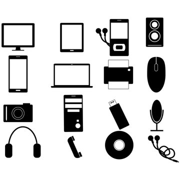 Electronic devices black simple vector icon set collection