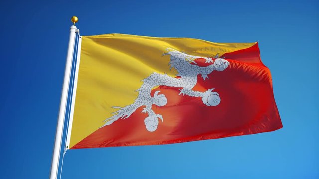 Bhutan flag waving in slow motion against clean blue sky, seamlessly looped, close up, isolated on alpha channel with black and white luminance matte, perfect for film, news, digital composition