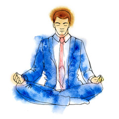 Businessman meditating, watercolor vector illustration, business man meditation in lotus