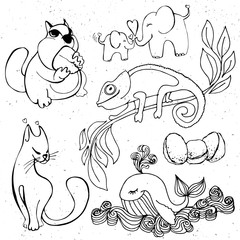 Cute animals silhouette - cartoon hamster, whale, elephant, chameleon