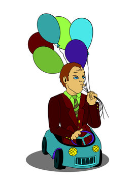 Man with balloons in the toy car cartoon vector logo