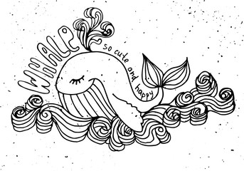 whale cute cartoon illustration, isolated animals on white background