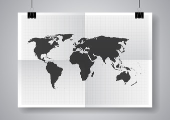 Black vector map. Twice a folded poster with clamps.