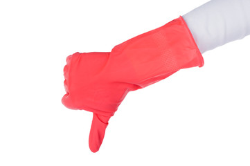 Hand in a red rubber glove for housework on white background. Cleaning in the bathroom, the toilet room.