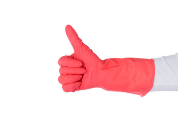 Hand in a red rubber glove for housework on white background. Cleaning in the bathroom, the toilet room.