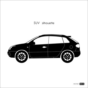 Black SUV silhouette on white background. Detailed drawing of an