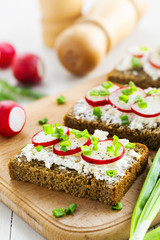 Ray bread with soft cream cheese and radish. Delicious vegetarian food. Close-up.