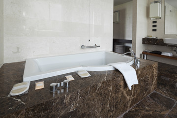 Modern bathroom interior with double sink and large mirrors, bat