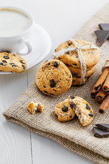 Cookies with chocolate for dessert. Coffee and biscuits for breakfast.