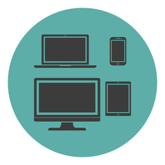 Device Icons: isolated smart phone, tablet, laptop and desktop computer. Stylish vector illustration of responsive web design.