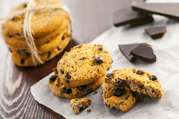 Baked biscuits with chocolate. Homemade cookies for dessert.