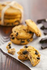 Cookies with chocolate on a table. Homemade sweet biscuits.
