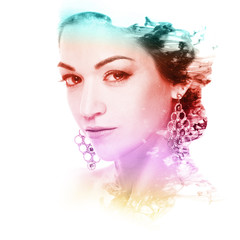  Double exposure of a beautiful woman and cloud of color ink