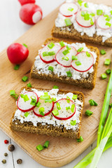 Cream cheese ray sandwiches with radish. Summer vegetarian snacks.
