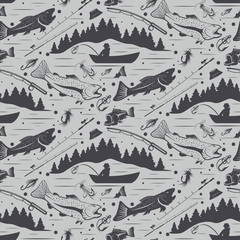 Seamless pattern for fishing theme. With fish,fishman,lure,rod a