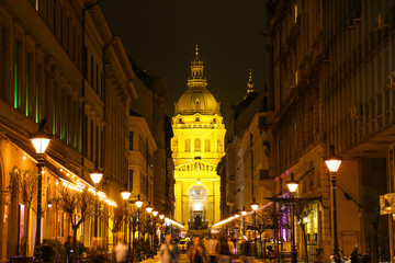 Budapest, Hungary - Illuminated city street with tourists at night