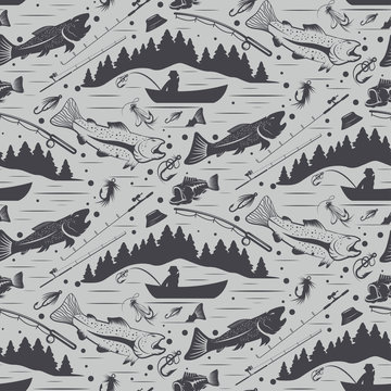 Seamless Pattern For Fishing Theme. With Fish,fishman,lure,rod A