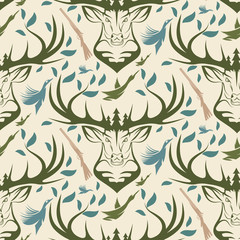 Seamless pattern for hunting theme. With deer, duck, gun, bird a