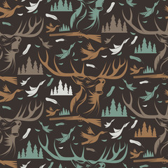 Seamless pattern for hunting theme. With deer, duck, gun, bird a
