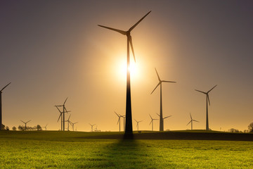 Windräder Windrad Windpark Windenergie Sonnenaufgang Gegenlicht, öko strom ökologische stromerzeugung stromanbieter strompreise stromgewinnung fördermittel klimaveränderung, klimawandel, stromsteuer  - obrazy, fototapety, plakaty