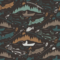 Seamless pattern for fishing theme. With fish,fishman,lure,rod a