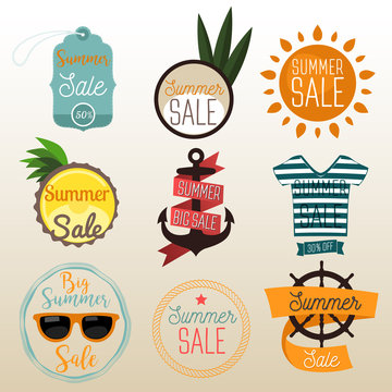 Summer sale flat badges, banners and labels.