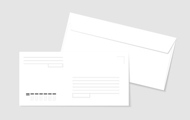 Two paper white envelopes with lines for address and form for postcode. Blank paper envelopes for your design. Vector envelopes template.