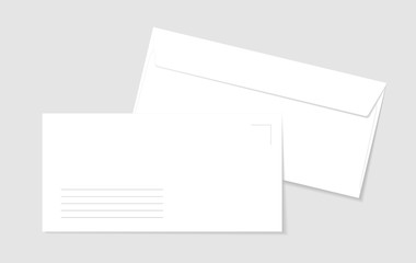 Two paper white envelopes with lines for address. Blank paper envelopes for your design. Vector envelopes template. 