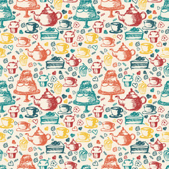 Seamless hand written pattern for tea time theme. With tea, cup,