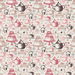 Seamless hand written pattern for tea time theme. With tea, cup,