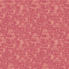 Seamless hand written pattern for tea time theme. With tea, cup,
