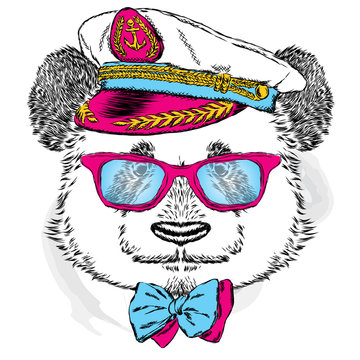 Funny panda in the captain's cap. Vector illustration.
