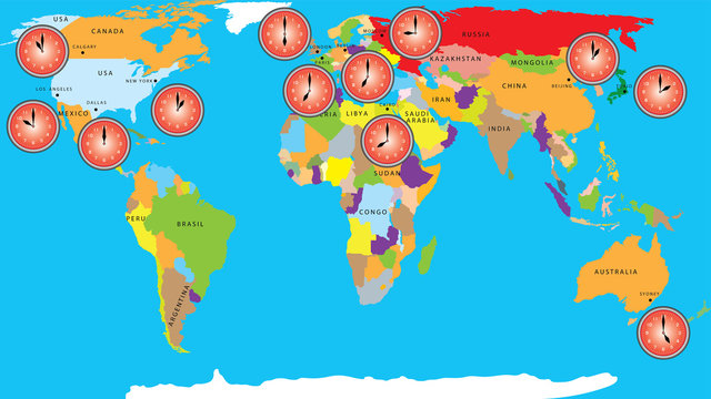 Time zones. Hacking time zones. World Map with time zones. World Map background with clocks. Business background, globe with clock over world map