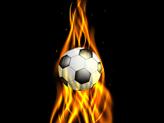Naklejka premium Soccer ball in ascending flame on black background, vector illustration