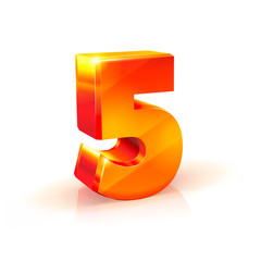 shiny Orange Red number five isolated on white background.