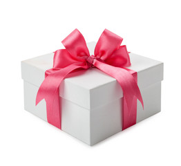 White gift box with pink bow isolated