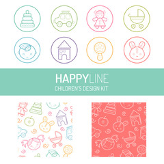 Pastel baby icon and pattern set
