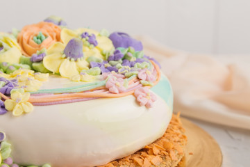 Closeup butter cream flowers decoration on cake
