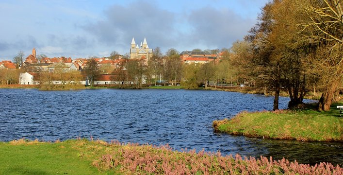 View of the city of Viborg, and Viborg Cathedral, seen from the lake; Soendersoe, (S&oslash;nders&oslash;) Jutland, Denmark