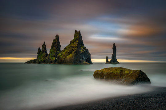 Black Beach Reynisfjara At Sunrise, Iceland