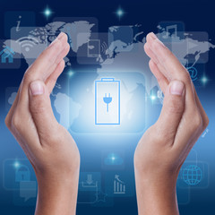 Hand showing battery charge icon symbol on screen. business concept