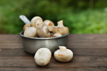Fresh champignon mushhrooms on a wooden background