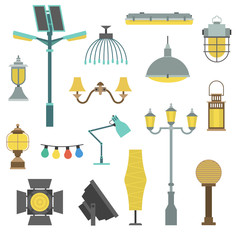 Lamps styles design electricity classic light furniture, different types electric equipment vector illustration.