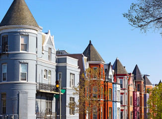 Residential row houses in US capital in spring. Historic architecture of Shaw neighborhood in Washington DC, USA